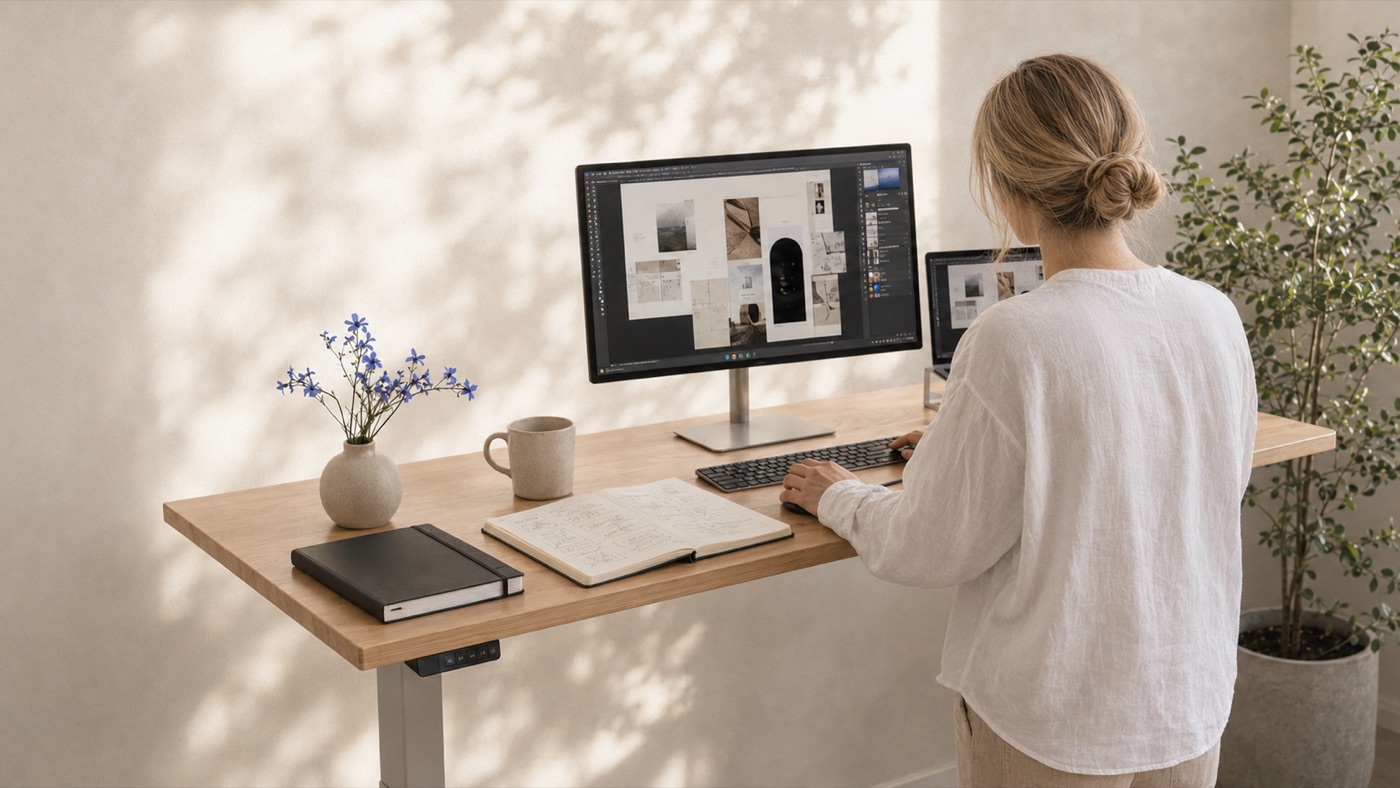 Kennady working at a standing desk, reviewing brand and layout design across two monitors