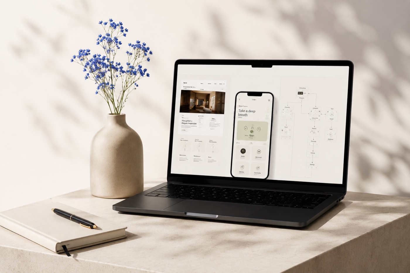 A laptop showing website and app design work, next to a notebook and a vase of blue flowers