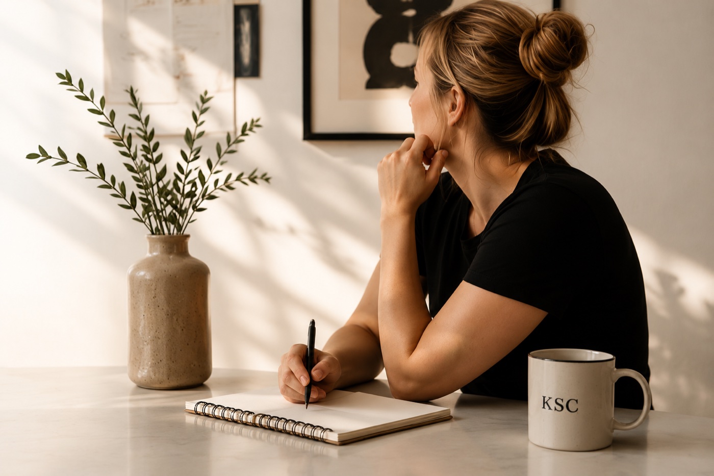 Kennady sitting at a sunlit desk, writing in a notebook next to a plant and a KSC mug