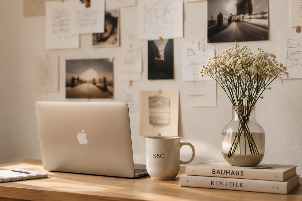 A moodboard desk with a laptop, mug, flowers, and design books