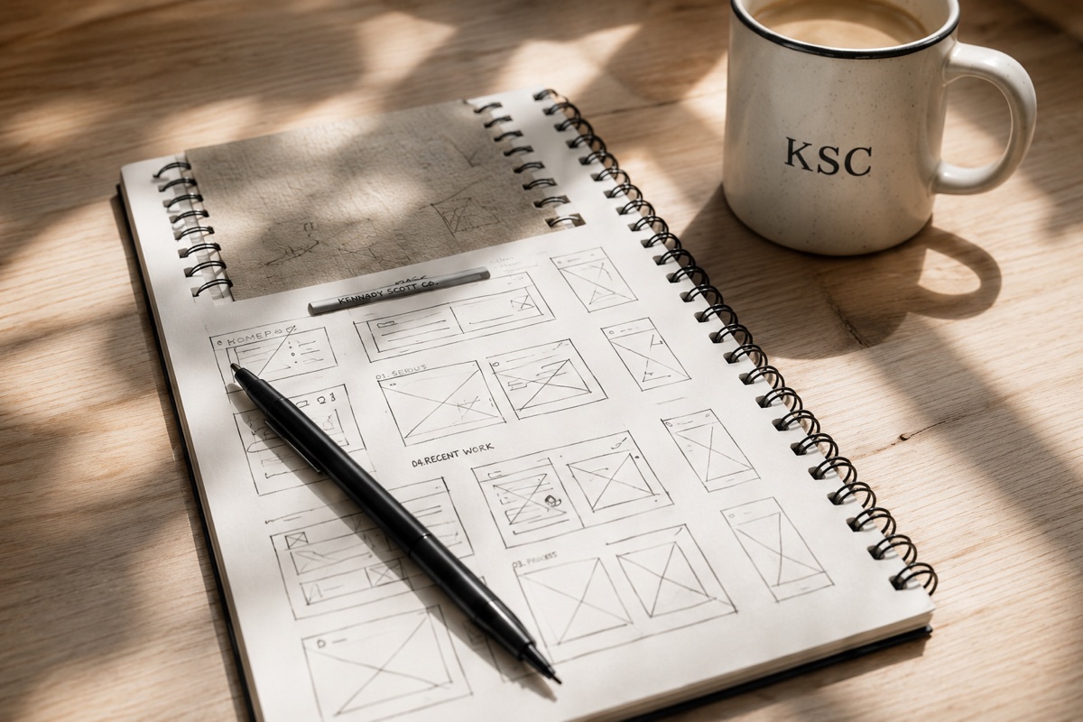A spiral notebook sketched with website wireframes, a pen, and a KSC mug of coffee